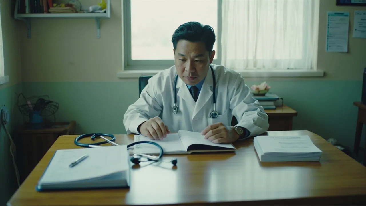 診所辦公桌前醫師一側處理醫務，另一側的管理工具與文件未動。