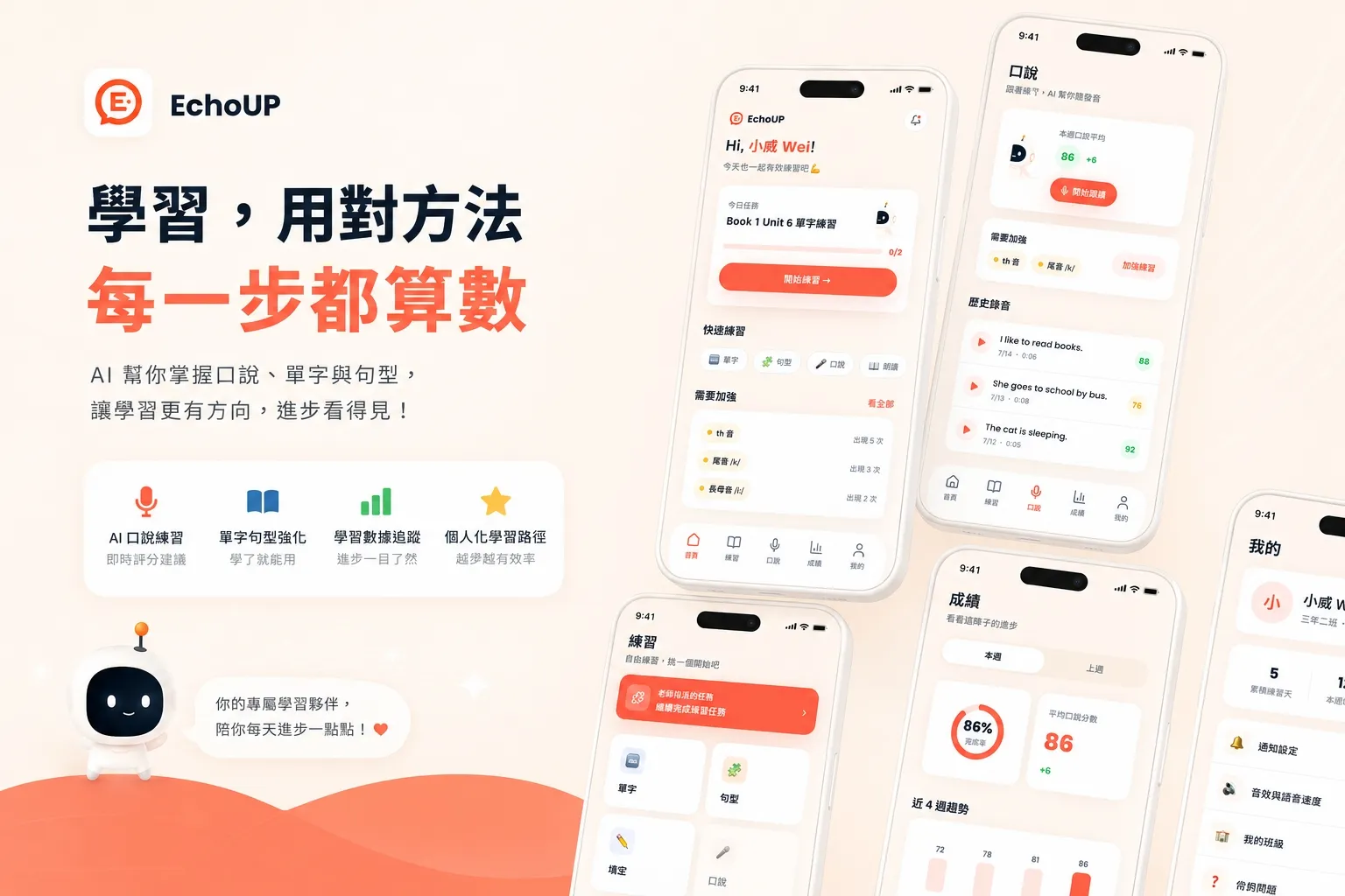 EchoUP 學生端 App 的產品圖，含首頁今日任務、口說跟讀評分、練習分類、成績趨勢與個人頁