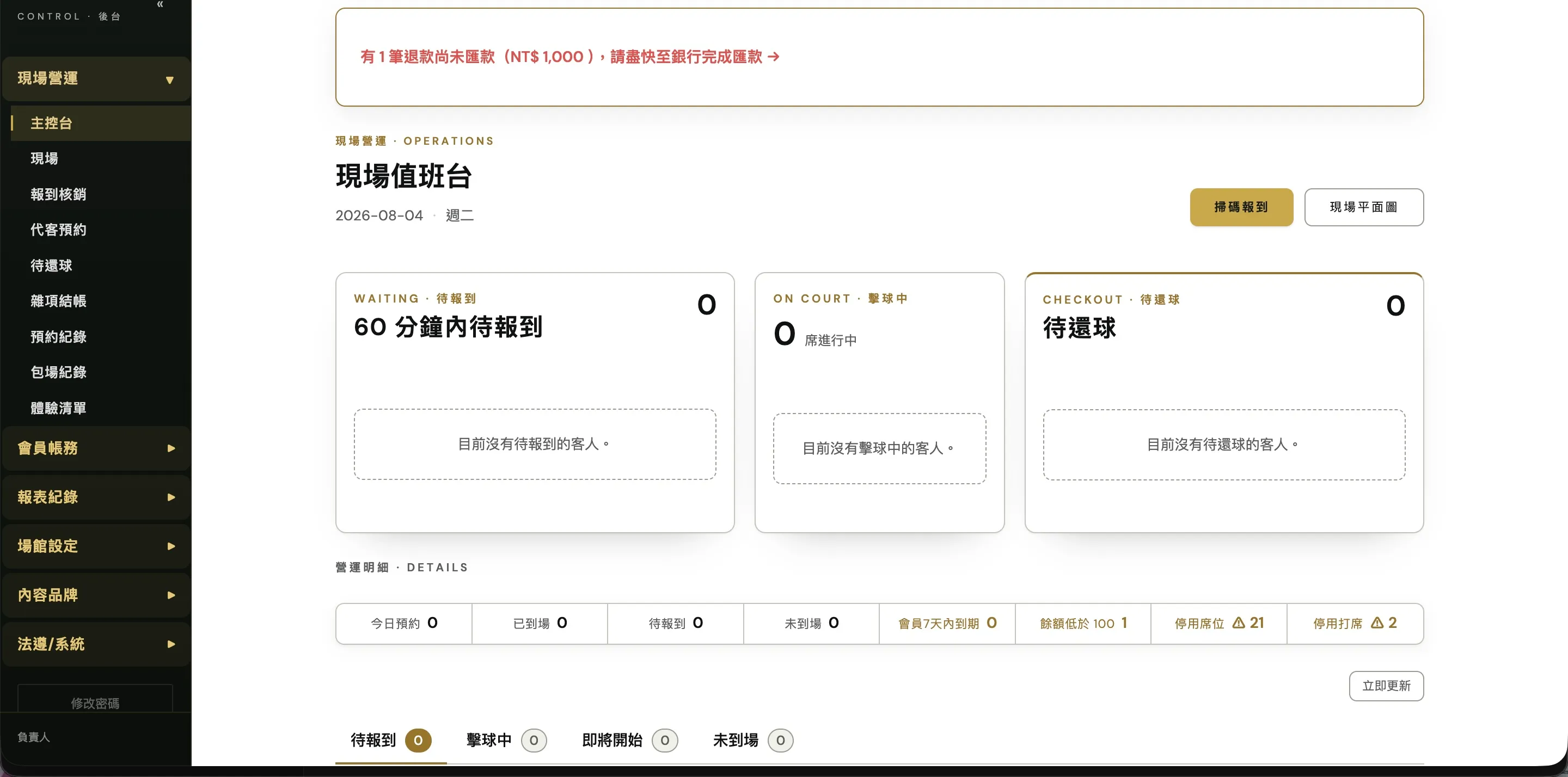 高爾夫球俱樂部後台的現場值班台，含待報到、擊球中、待還球三欄與當日營運明細