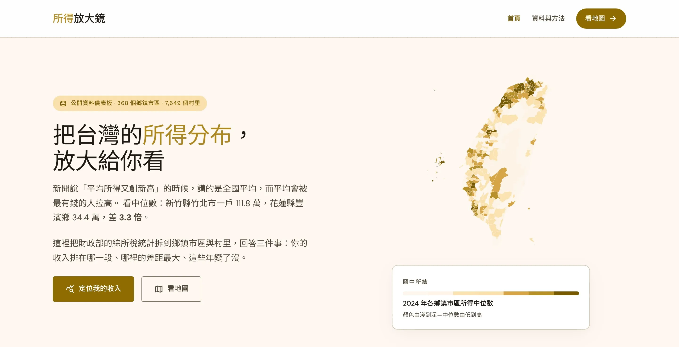 所得放大鏡首頁，標語「把台灣的所得分布，放大給你看」，右側是 2024 年各鄉鎮市區所得中位數的分級著色台灣地圖，下方有「定位我的收入」與「看地圖」按鈕