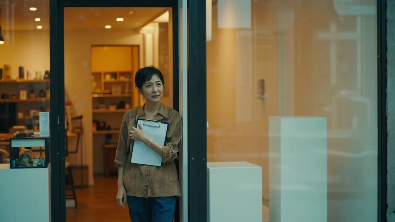 老闆站在自家營業中的店與隔壁空店面之間,手裡抱著寫字板,猶豫著下一步。