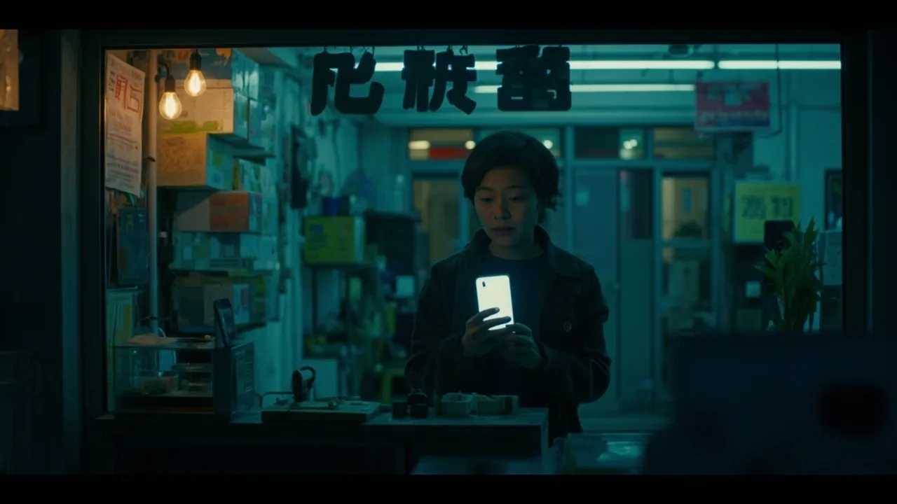夜晚獨自站在店裡的老闆,手機螢幕的光映在臉上,四周桌椅已收、燈已關,空蕩無他人。