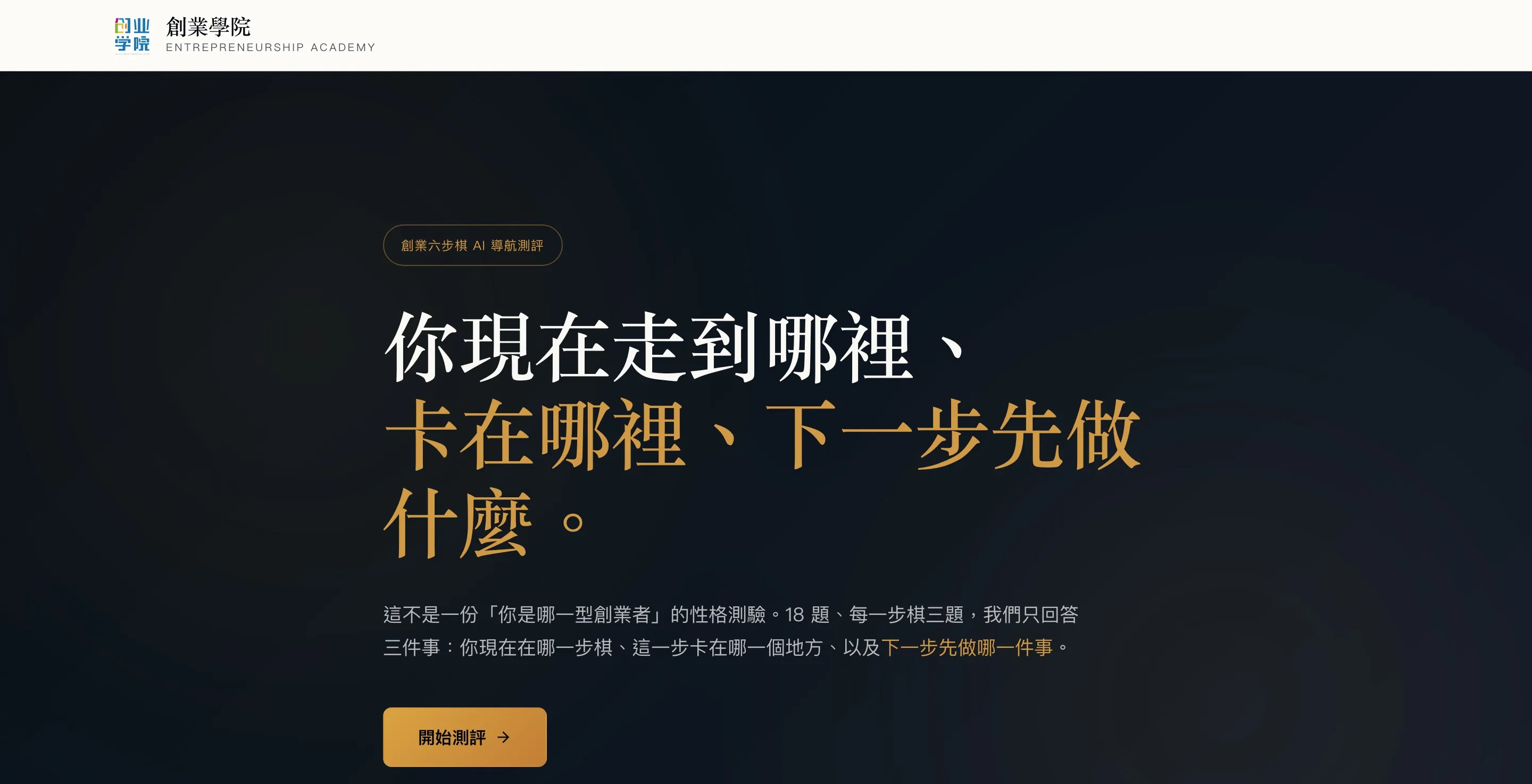 創業六步棋測評首頁首屏，深色背景上方有「創業六步棋 AI 導航測評」標籤，以白色與金色大字寫著「你現在走到哪裡、卡在哪裡、下一步先做什麼。」，下方一段說明與金色「開始測評」按鈕，頂端是創業學院標誌