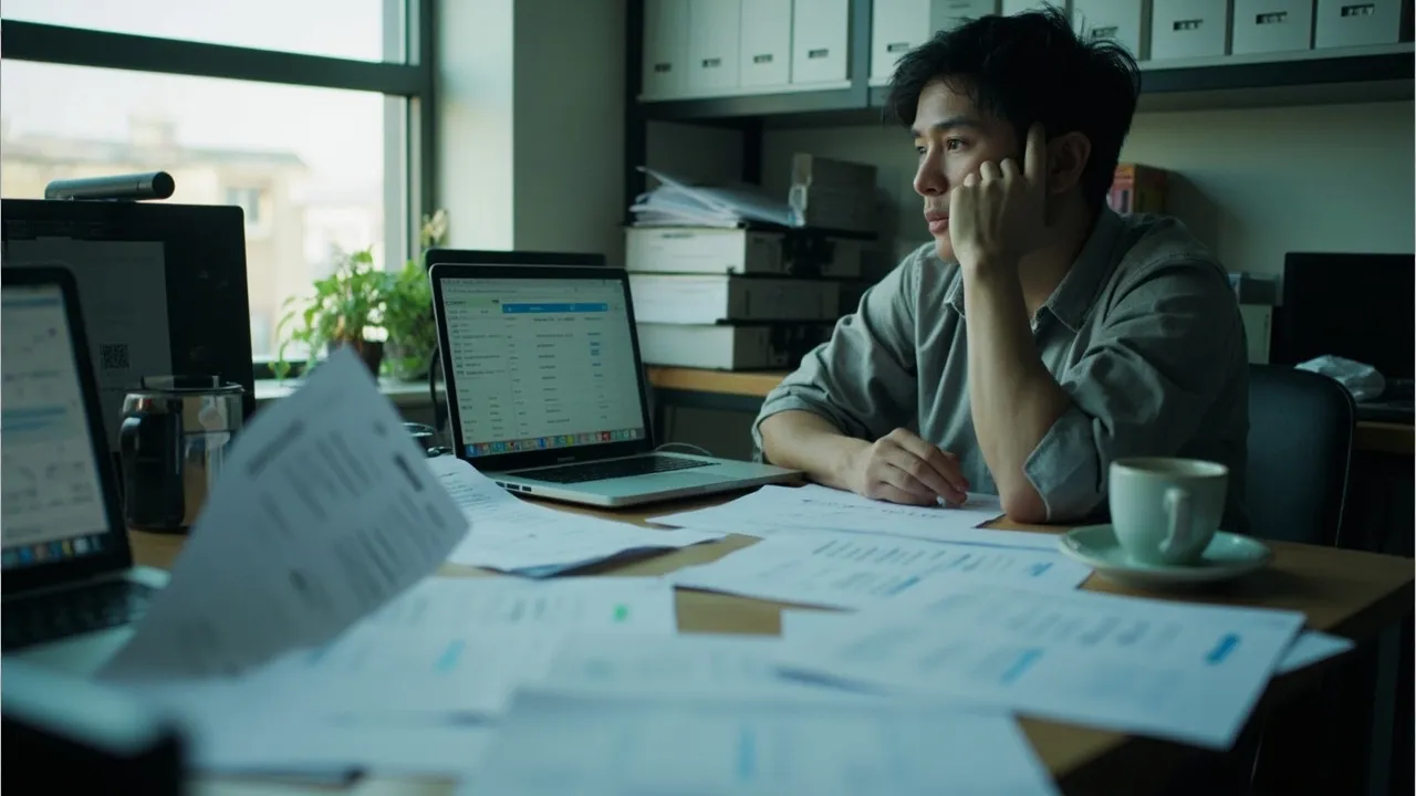 一名男子坐在堆滿列印資料的辦公桌前，托著臉望向窗外，旁邊的筆電開著一個表格畫面